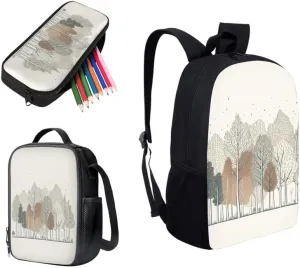 Forest Nordic Minimalist School Backpack Boys Girls Kids School Bookbag Set with Tree Hand Drawing Lunch Box and Pencil Case for Kids Boys Girls Back to School Gifts