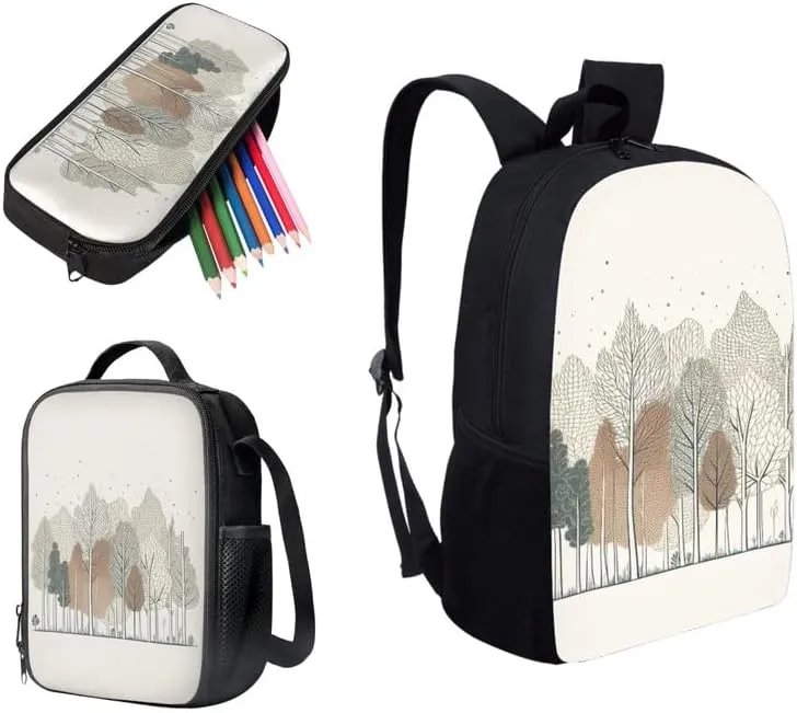 Forest Nordic Minimalist School Backpack Boys Girls Kids School Bookbag Set with Tree Hand Drawing Lunch Box and Pencil Case for Kids Boys Girls Back to School Gifts