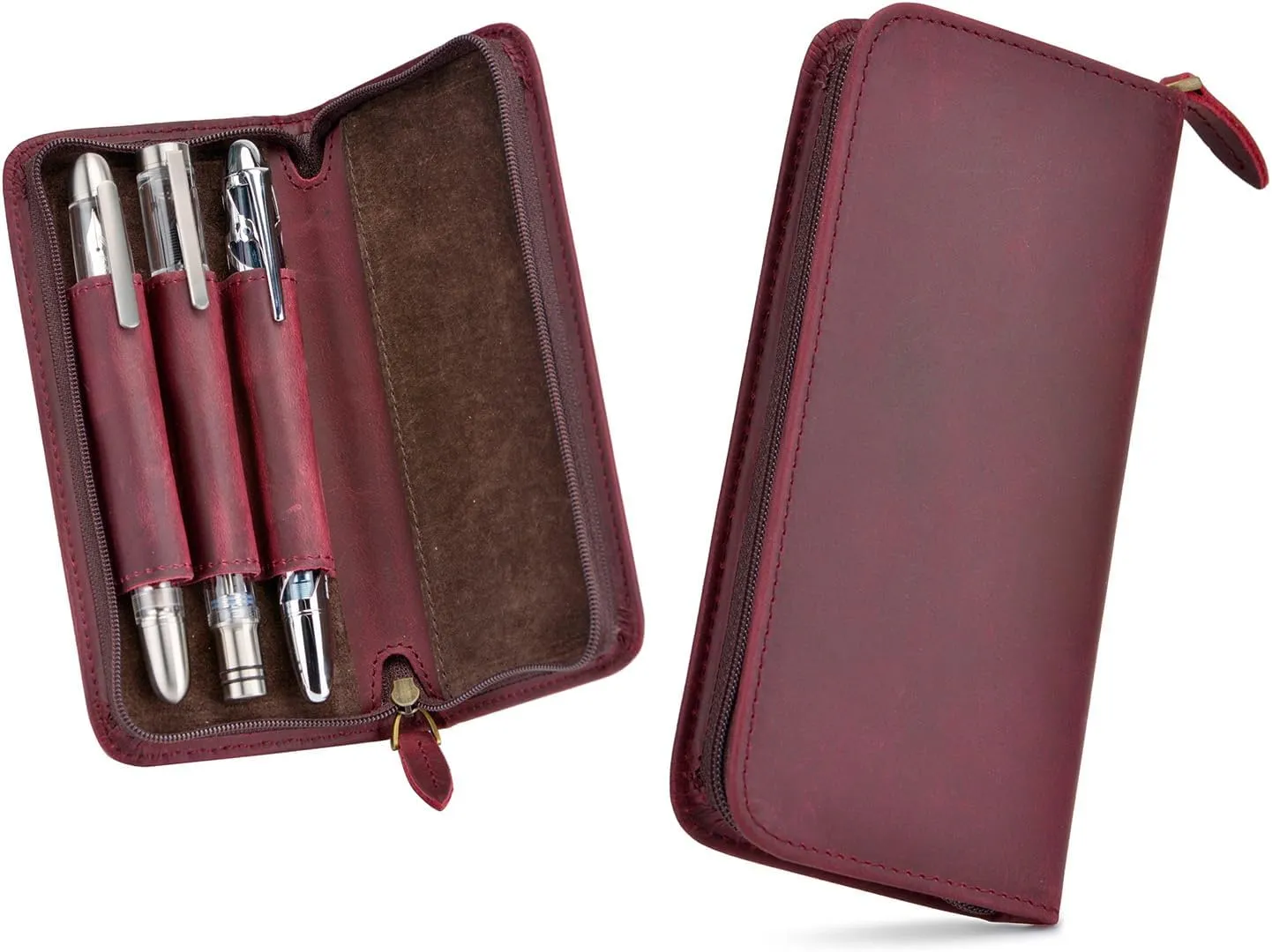 Fountain Pen Case 3 Divided Slots Crazy Horse Leather Pen Holder, Handmade Display Zippered Pouch for Rollerball Pen-Wine