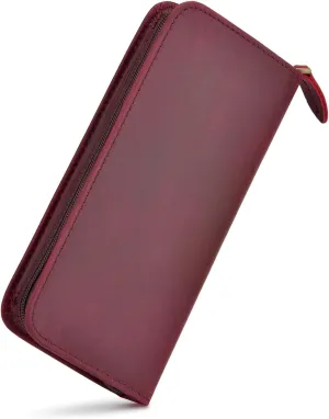 Fountain Pen Case 3 Divided Slots Crazy Horse Leather Pen Holder, Handmade Display Zippered Pouch for Rollerball Pen-Wine