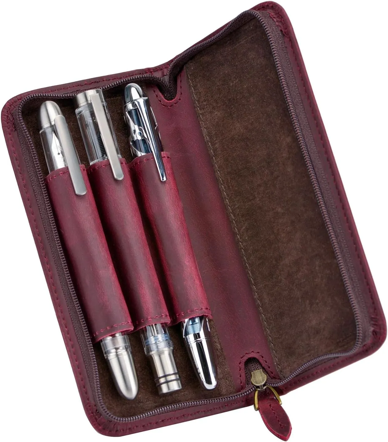 Fountain Pen Case 3 Divided Slots Crazy Horse Leather Pen Holder, Handmade Display Zippered Pouch for Rollerball Pen-Wine