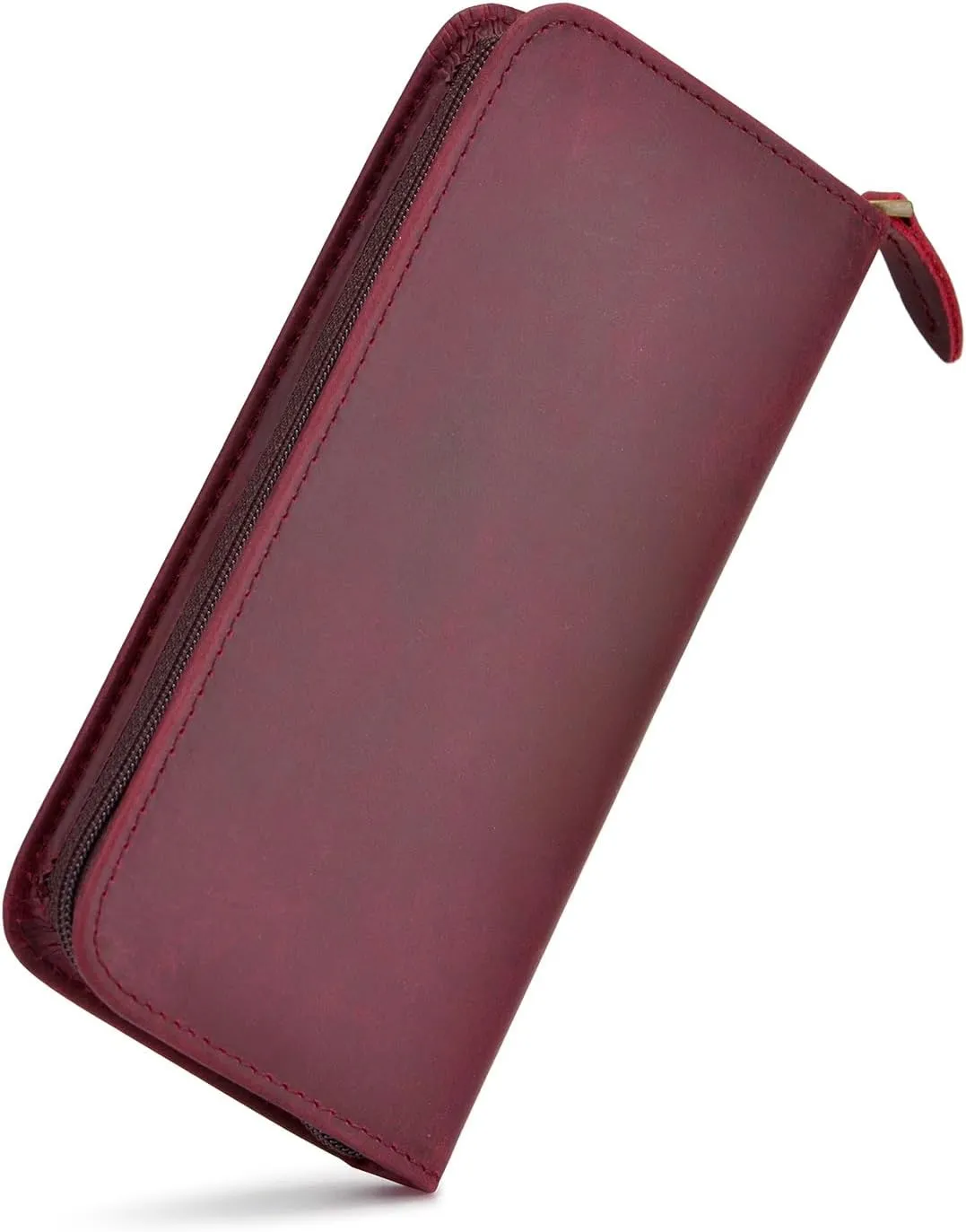 Fountain Pen Case 3 Divided Slots Crazy Horse Leather Pen Holder, Handmade Display Zippered Pouch for Rollerball Pen-Wine