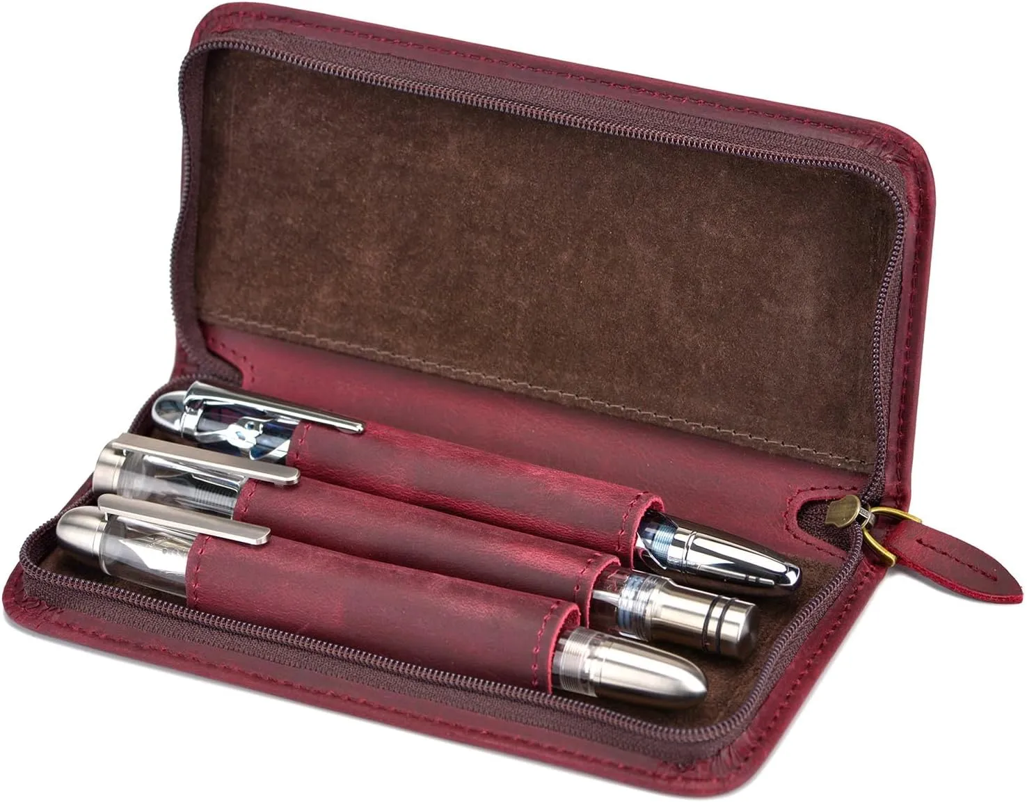Fountain Pen Case 3 Divided Slots Crazy Horse Leather Pen Holder, Handmade Display Zippered Pouch for Rollerball Pen-Wine