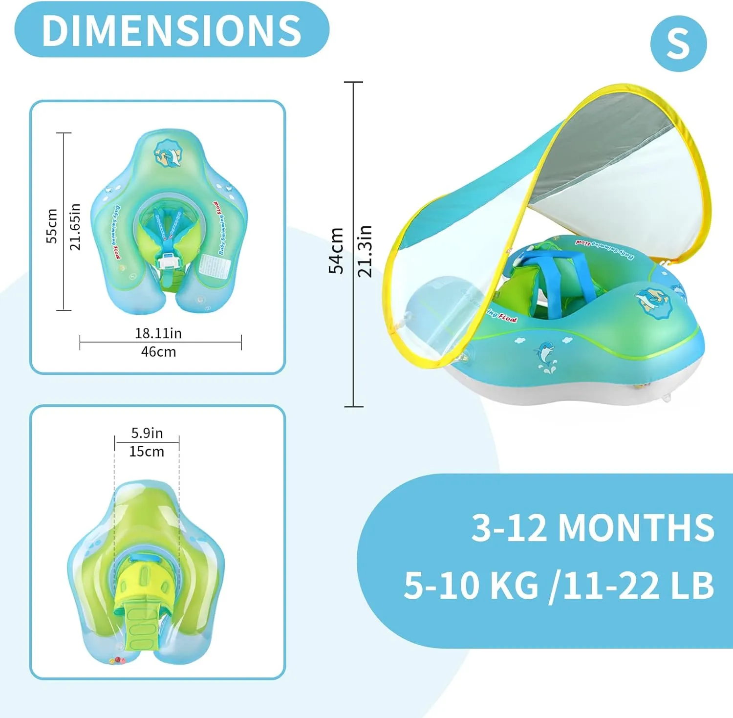 Free Swimming Baby Inflatable Baby Swim Float with Sun Canopy Size Improved Infant Pool Floaties Swimming Pool Toys for The Age of 3-36 Months(Blue, Small)