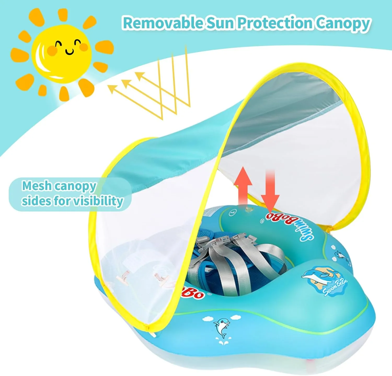 Free Swimming Baby Inflatable Baby Swim Float with Sun Canopy Size Improved Infant Pool Floaties Swimming Pool Toys for The Age of 3-36 Months(Blue, Small)