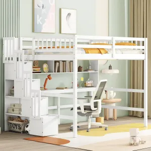 Full Size Loft Bed with Desk and Storage Shelves,Solid Wood Loft Bed Frame with Storage Staircase,High Loft Bed Full Size with Stair for Kids,Teens, Adults,White