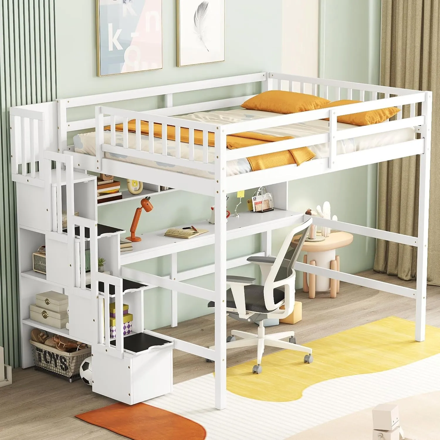 Full Size Loft Bed with Desk and Storage Shelves,Solid Wood Loft Bed Frame with Storage Staircase,High Loft Bed Full Size with Stair for Kids,Teens, Adults,White
