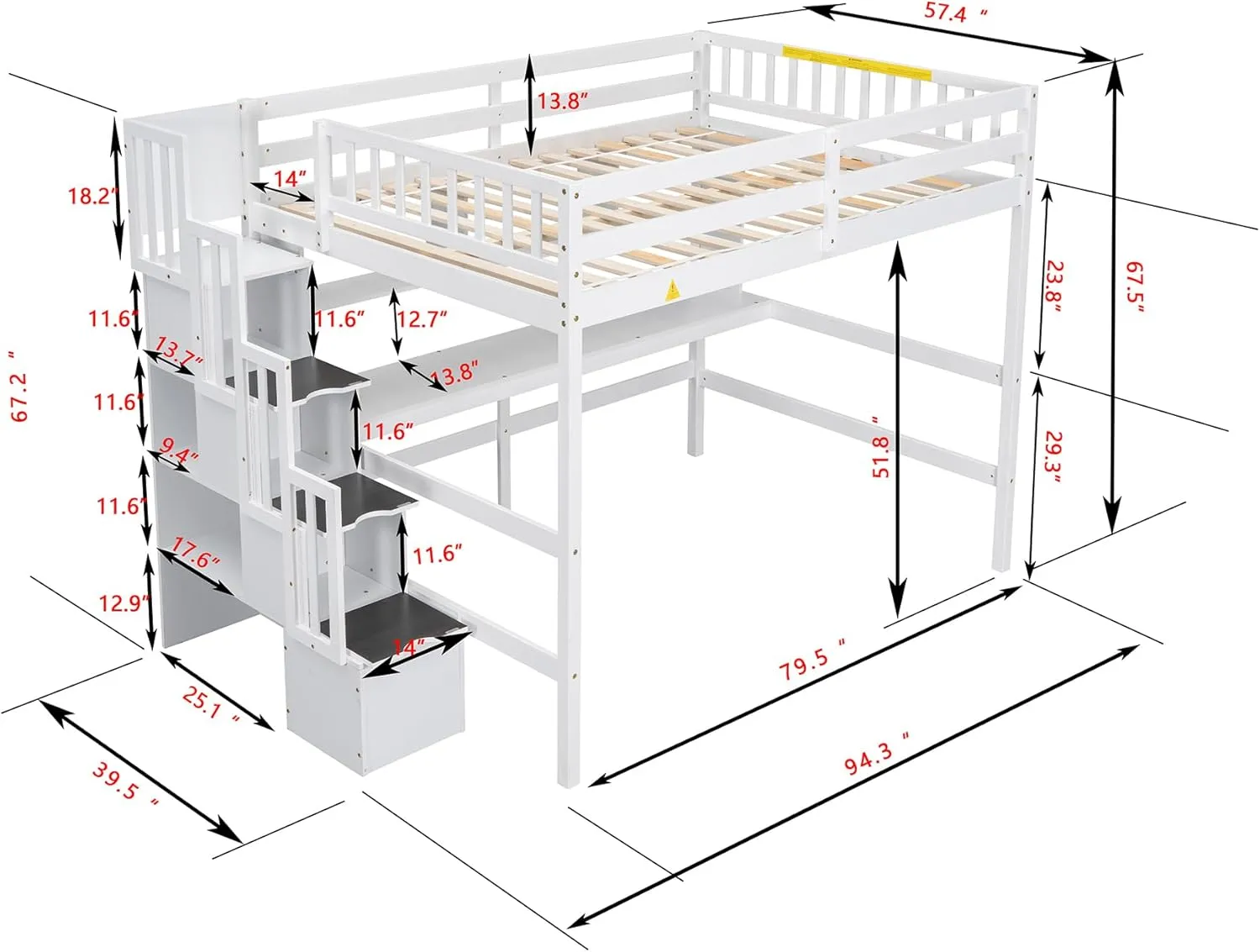 Full Size Loft Bed with Desk and Storage Shelves,Solid Wood Loft Bed Frame with Storage Staircase,High Loft Bed Full Size with Stair for Kids,Teens, Adults,White
