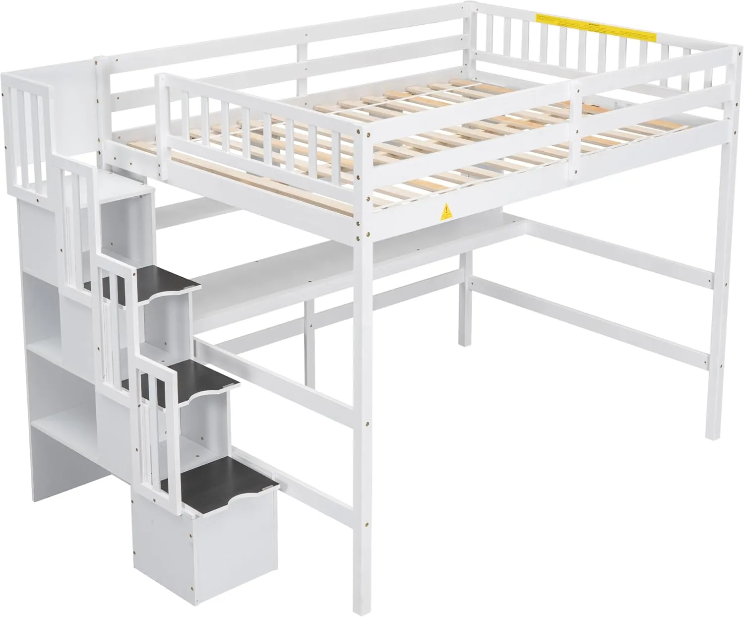 Full Size Loft Bed with Desk and Storage Shelves,Solid Wood Loft Bed Frame with Storage Staircase,High Loft Bed Full Size with Stair for Kids,Teens, Adults,White