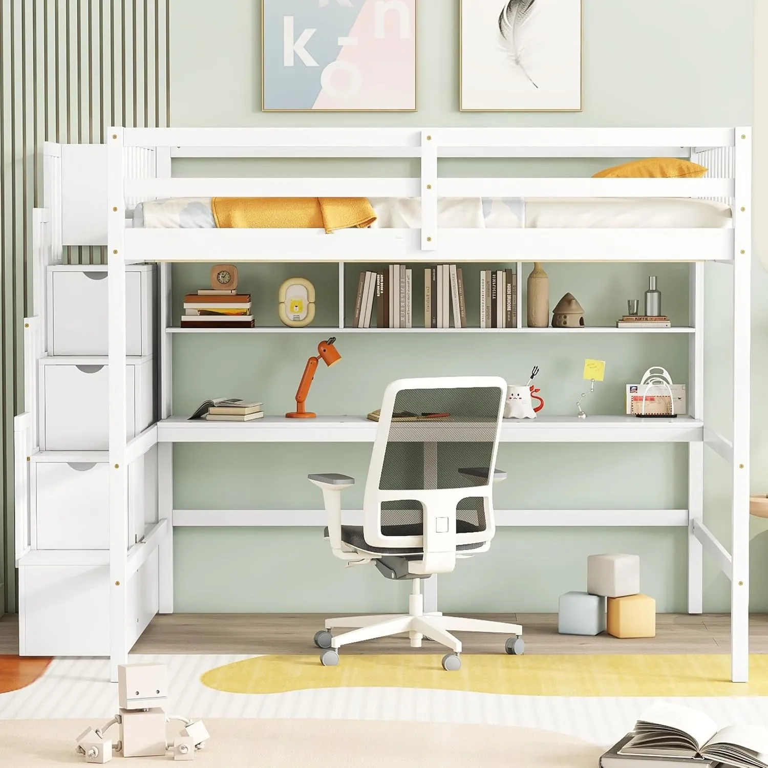 Full Size Loft Bed with Desk and Storage Shelves,Solid Wood Loft Bed Frame with Storage Staircase,High Loft Bed Full Size with Stair for Kids,Teens, Adults,White