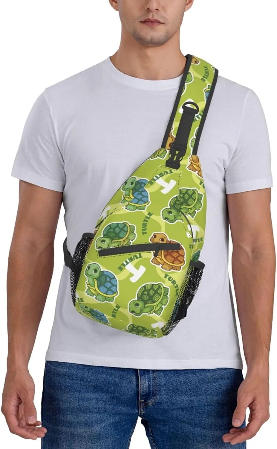 Funny Turtle Green Small Sling Bag for Women Men Crossbody Backpack Hiking Travel Daypack Chest Shoulder Bag with Adjustable Strap