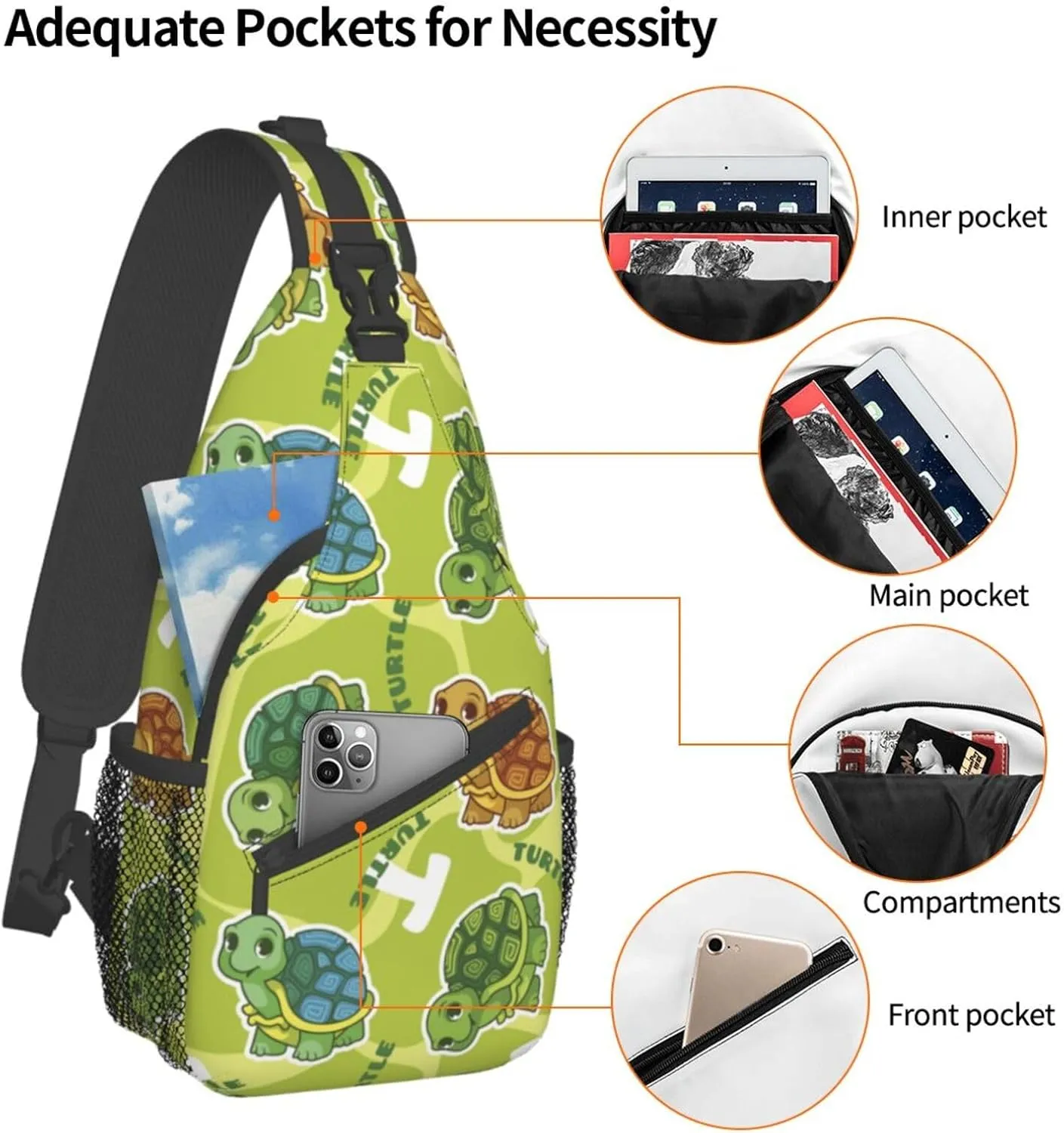 Funny Turtle Green Small Sling Bag for Women Men Crossbody Backpack Hiking Travel Daypack Chest Shoulder Bag with Adjustable Strap