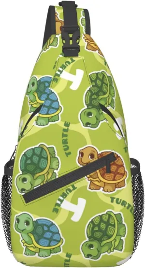 Funny Turtle Green Small Sling Bag for Women Men Crossbody Backpack Hiking Travel Daypack Chest Shoulder Bag with Adjustable Strap