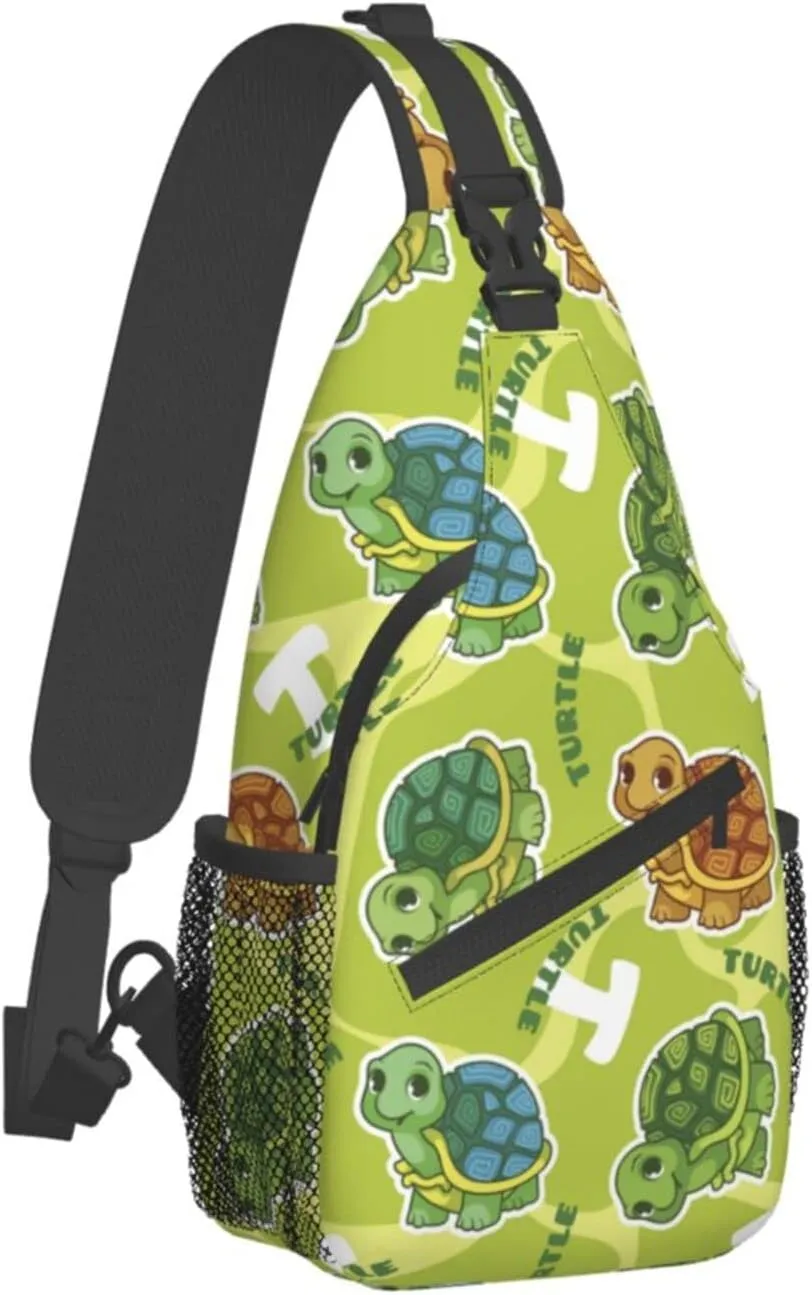 Funny Turtle Green Small Sling Bag for Women Men Crossbody Backpack Hiking Travel Daypack Chest Shoulder Bag with Adjustable Strap