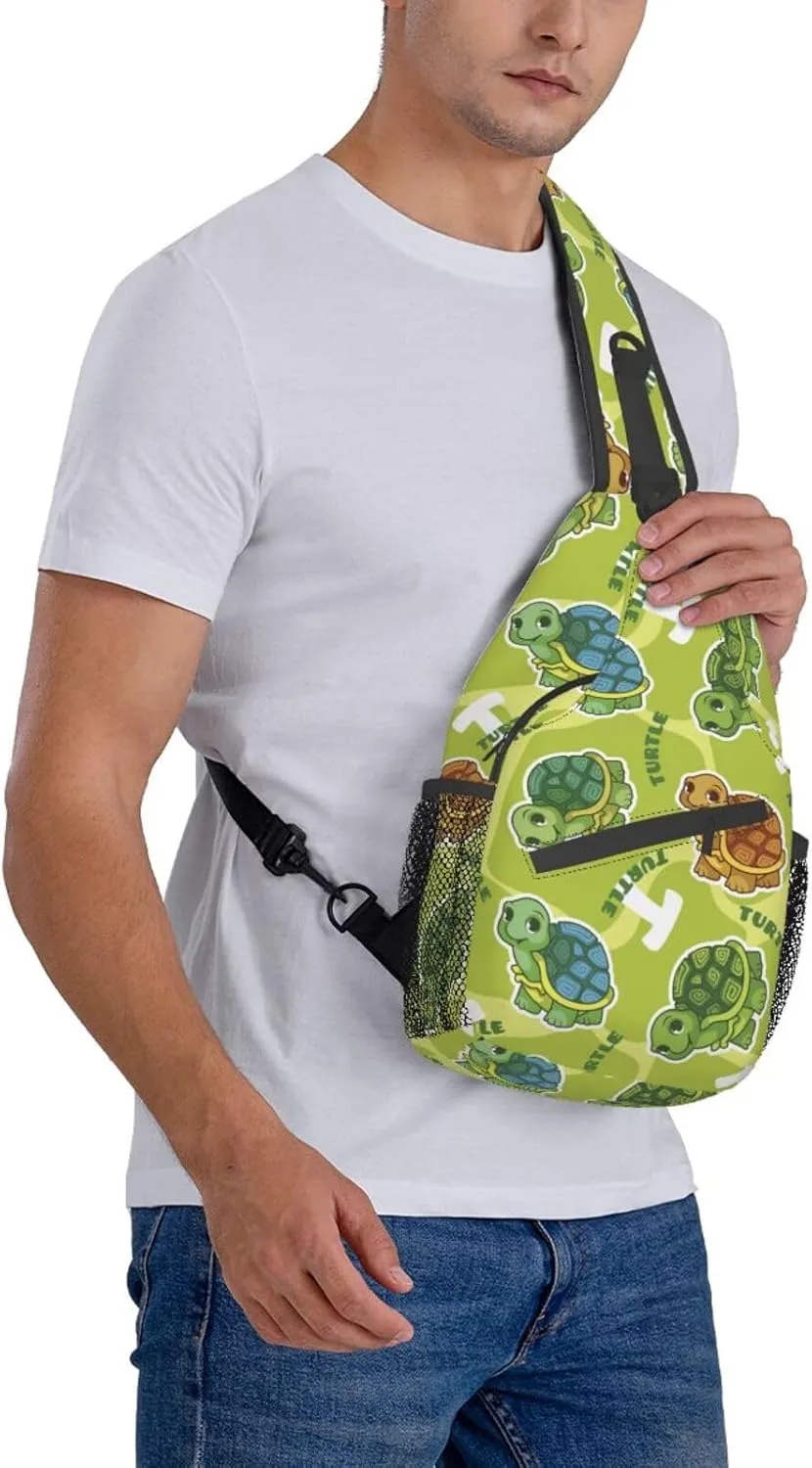 Funny Turtle Green Small Sling Bag for Women Men Crossbody Backpack Hiking Travel Daypack Chest Shoulder Bag with Adjustable Strap