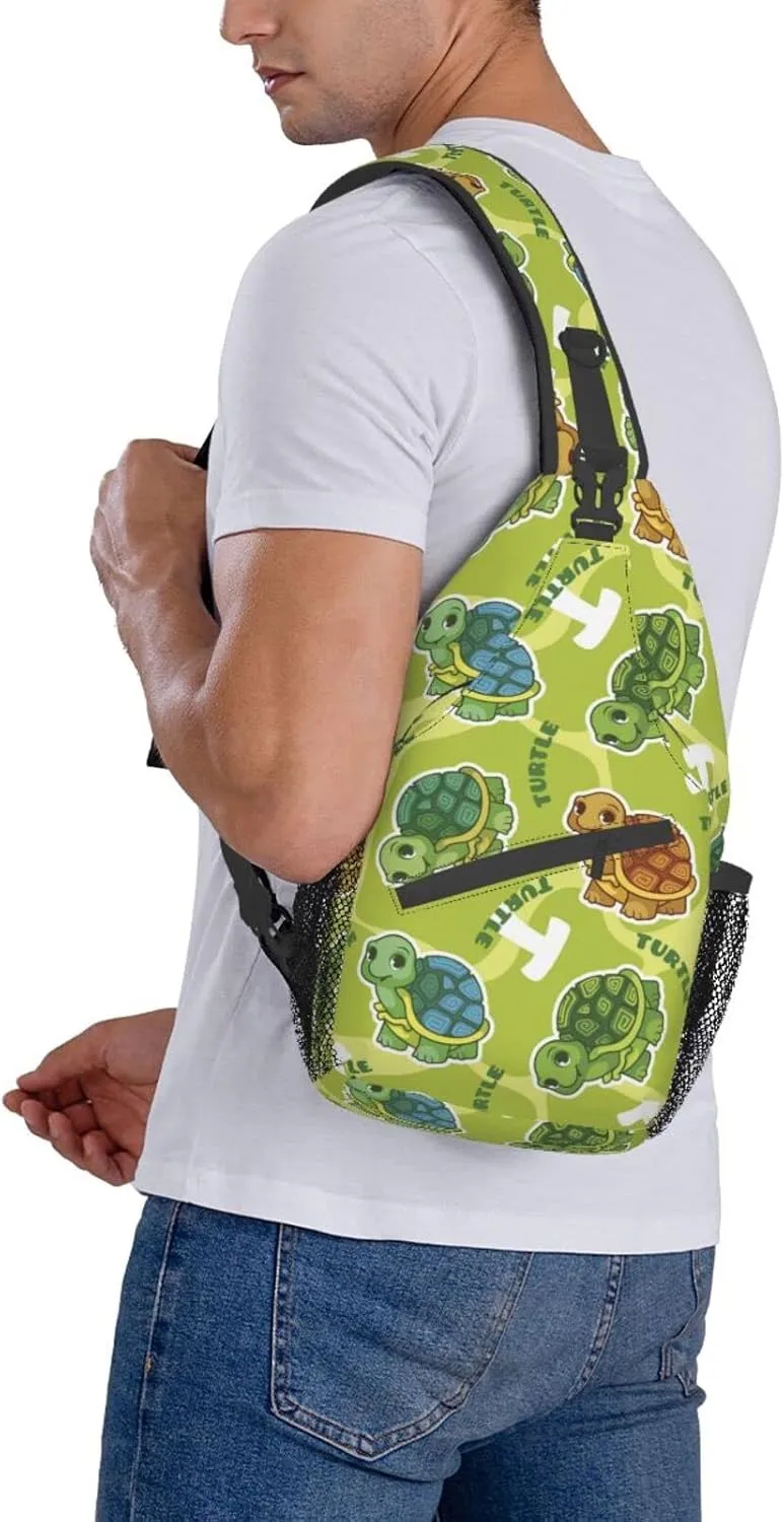 Funny Turtle Green Small Sling Bag for Women Men Crossbody Backpack Hiking Travel Daypack Chest Shoulder Bag with Adjustable Strap