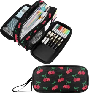 Fustylead Hand Drawn Cherry Large Pencil Case, Minimalist Portable Stationery Bag Cosmetics Bag with Handle for Middle High College School Office Travel
