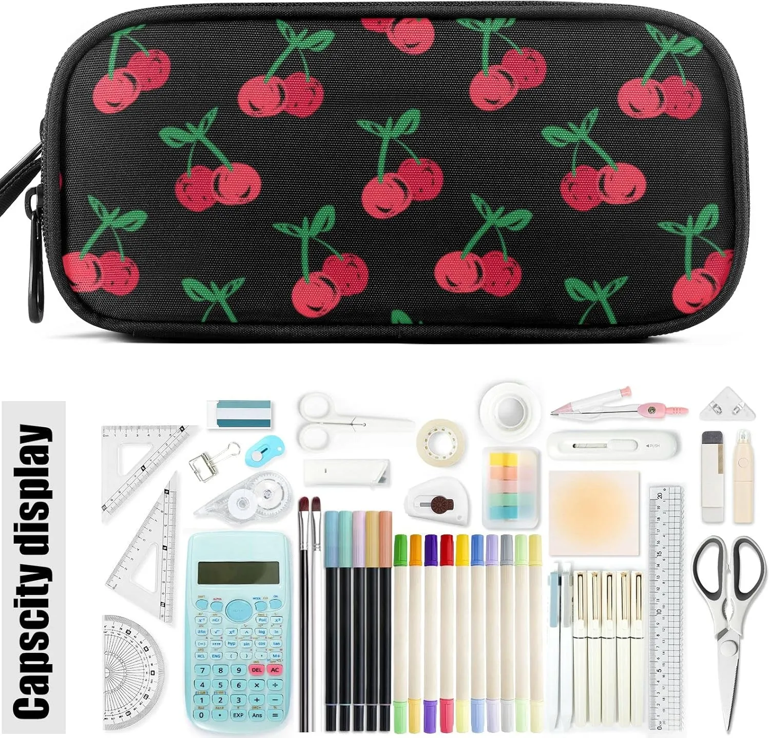 Fustylead Hand Drawn Cherry Large Pencil Case, Minimalist Portable Stationery Bag Cosmetics Bag with Handle for Middle High College School Office Travel