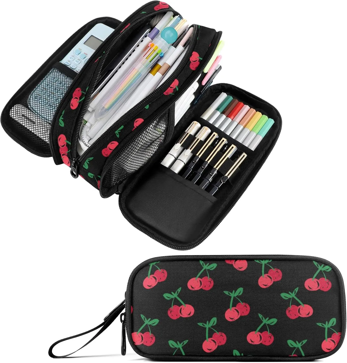 Fustylead Hand Drawn Cherry Large Pencil Case, Minimalist Portable Stationery Bag Cosmetics Bag with Handle for Middle High College School Office Travel