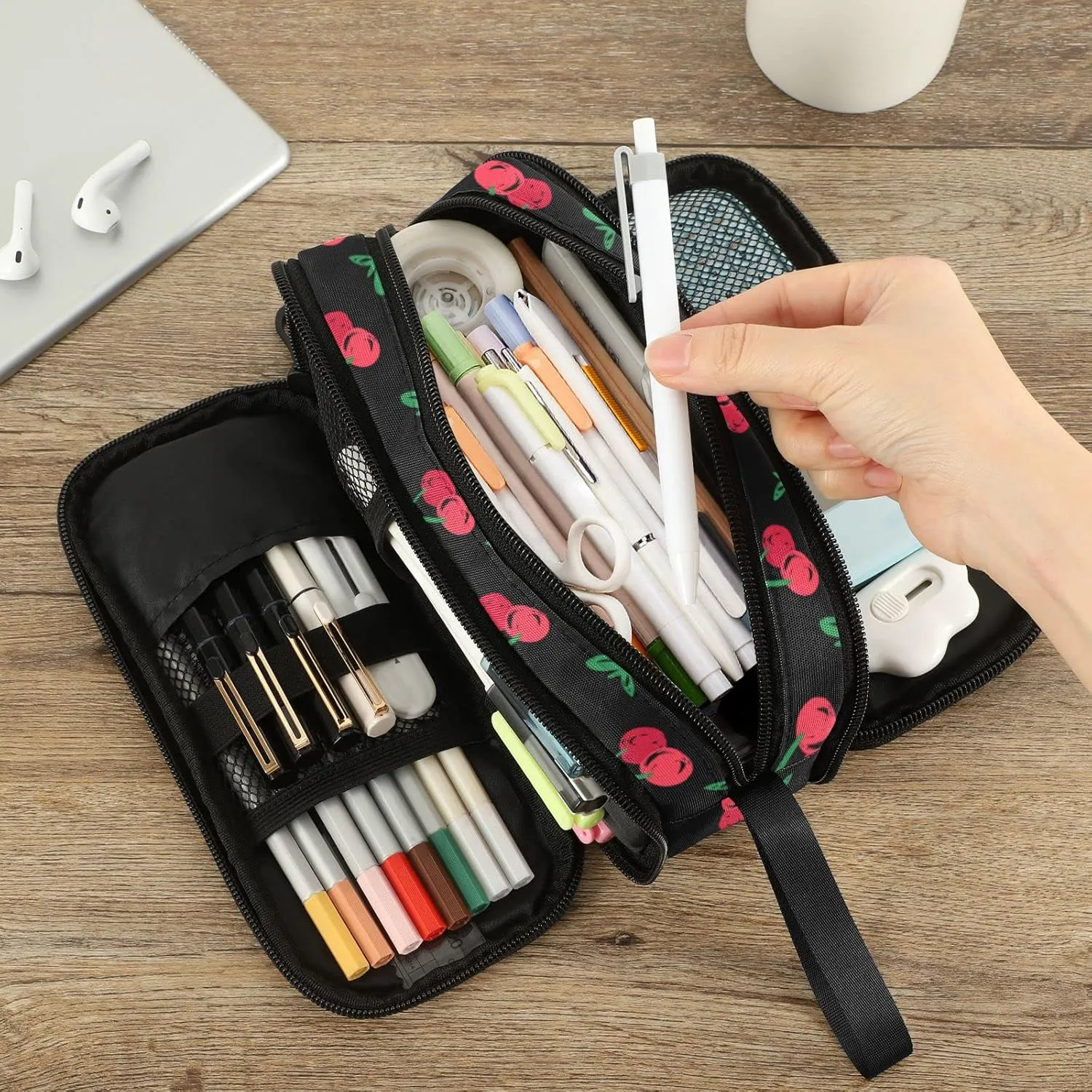 Fustylead Hand Drawn Cherry Large Pencil Case, Minimalist Portable Stationery Bag Cosmetics Bag with Handle for Middle High College School Office Travel