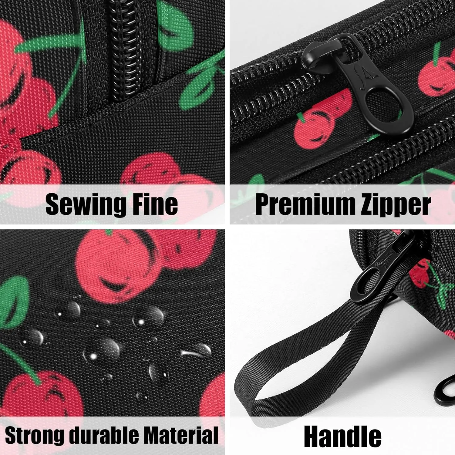 Fustylead Hand Drawn Cherry Large Pencil Case, Minimalist Portable Stationery Bag Cosmetics Bag with Handle for Middle High College School Office Travel