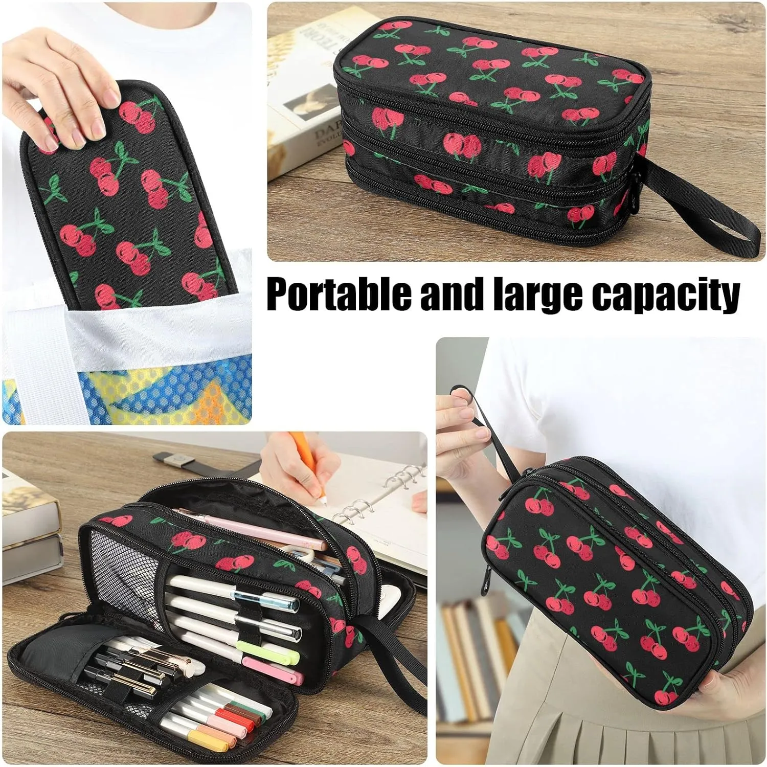 Fustylead Hand Drawn Cherry Large Pencil Case, Minimalist Portable Stationery Bag Cosmetics Bag with Handle for Middle High College School Office Travel