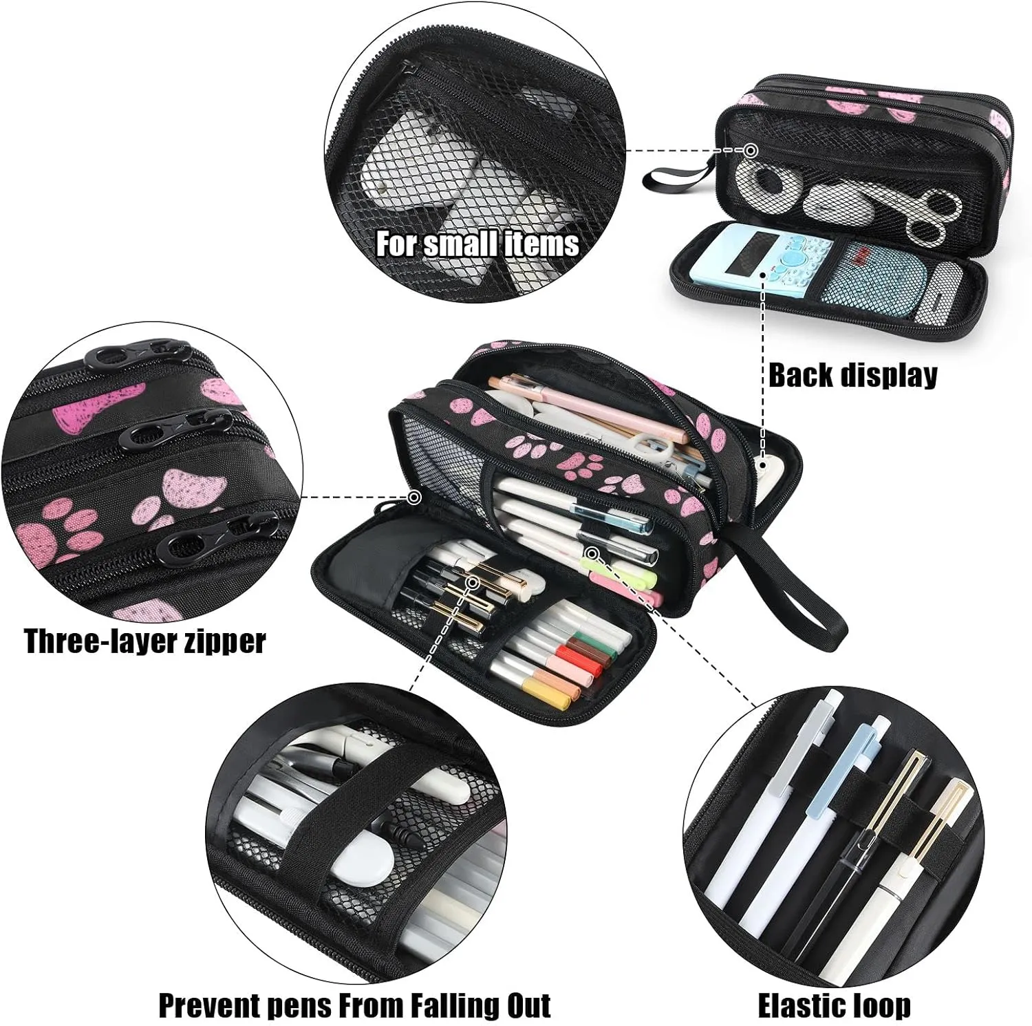 Fustylead Pink Cats Paws Large Pencil Case, Minimalist Portable Stationery Bag Cosmetics Bag with Handle for Middle High College School Office Travel