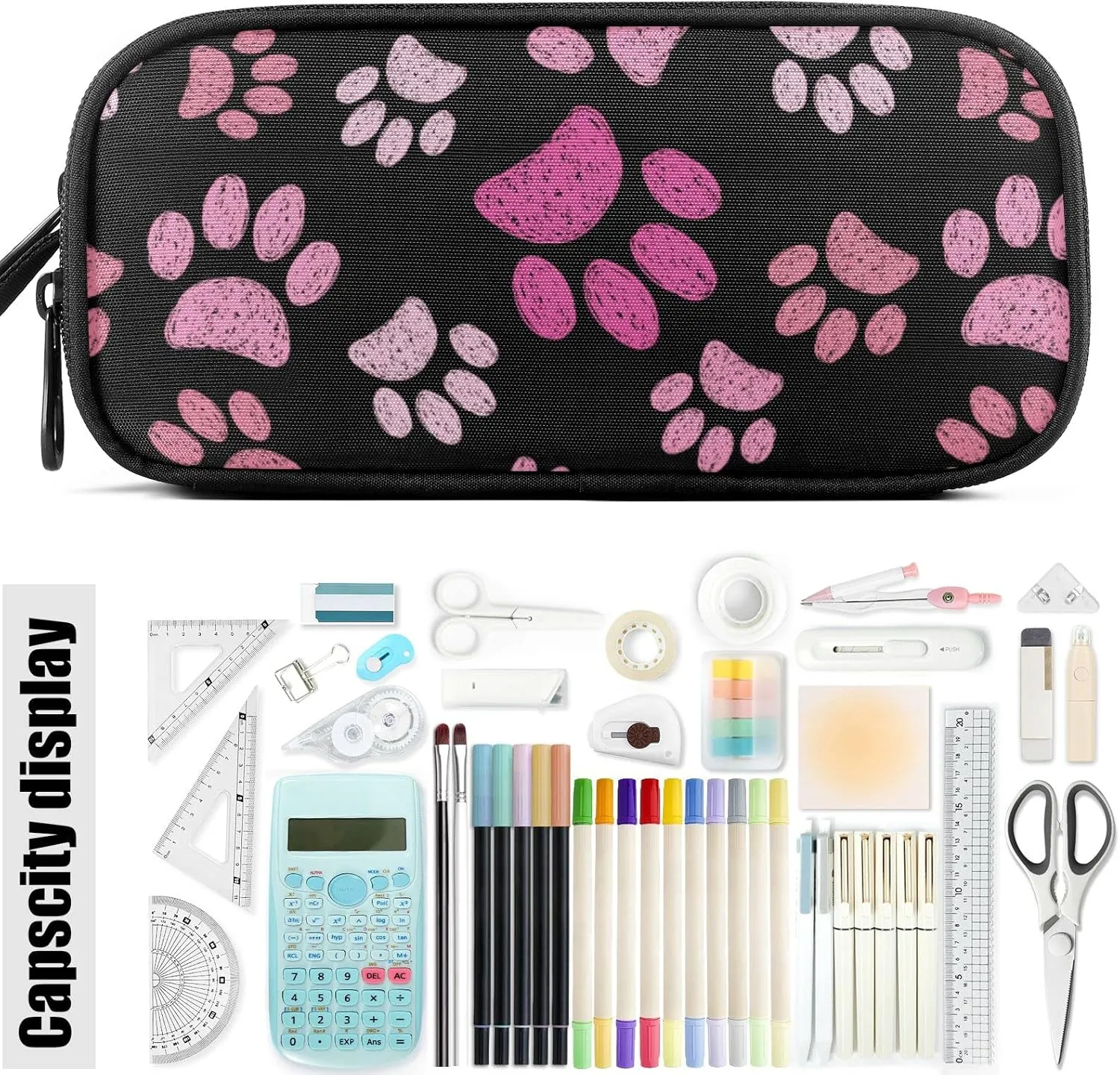 Fustylead Pink Cats Paws Large Pencil Case, Minimalist Portable Stationery Bag Cosmetics Bag with Handle for Middle High College School Office Travel