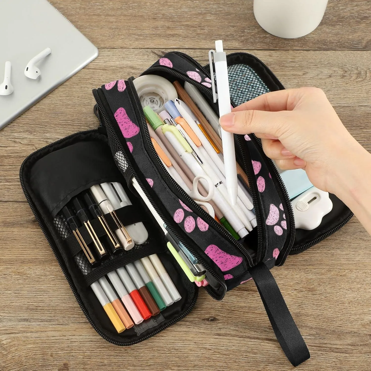Fustylead Pink Cats Paws Large Pencil Case, Minimalist Portable Stationery Bag Cosmetics Bag with Handle for Middle High College School Office Travel