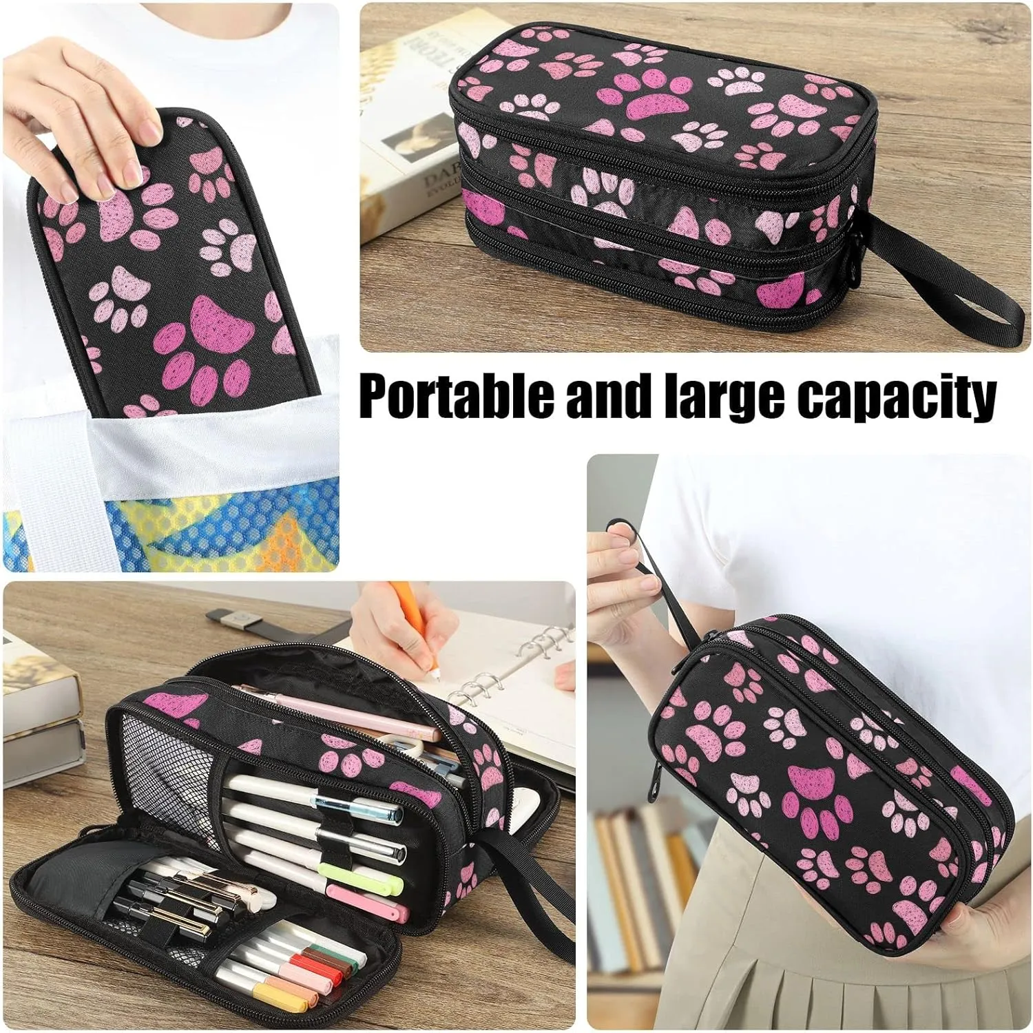 Fustylead Pink Cats Paws Large Pencil Case, Minimalist Portable Stationery Bag Cosmetics Bag with Handle for Middle High College School Office Travel