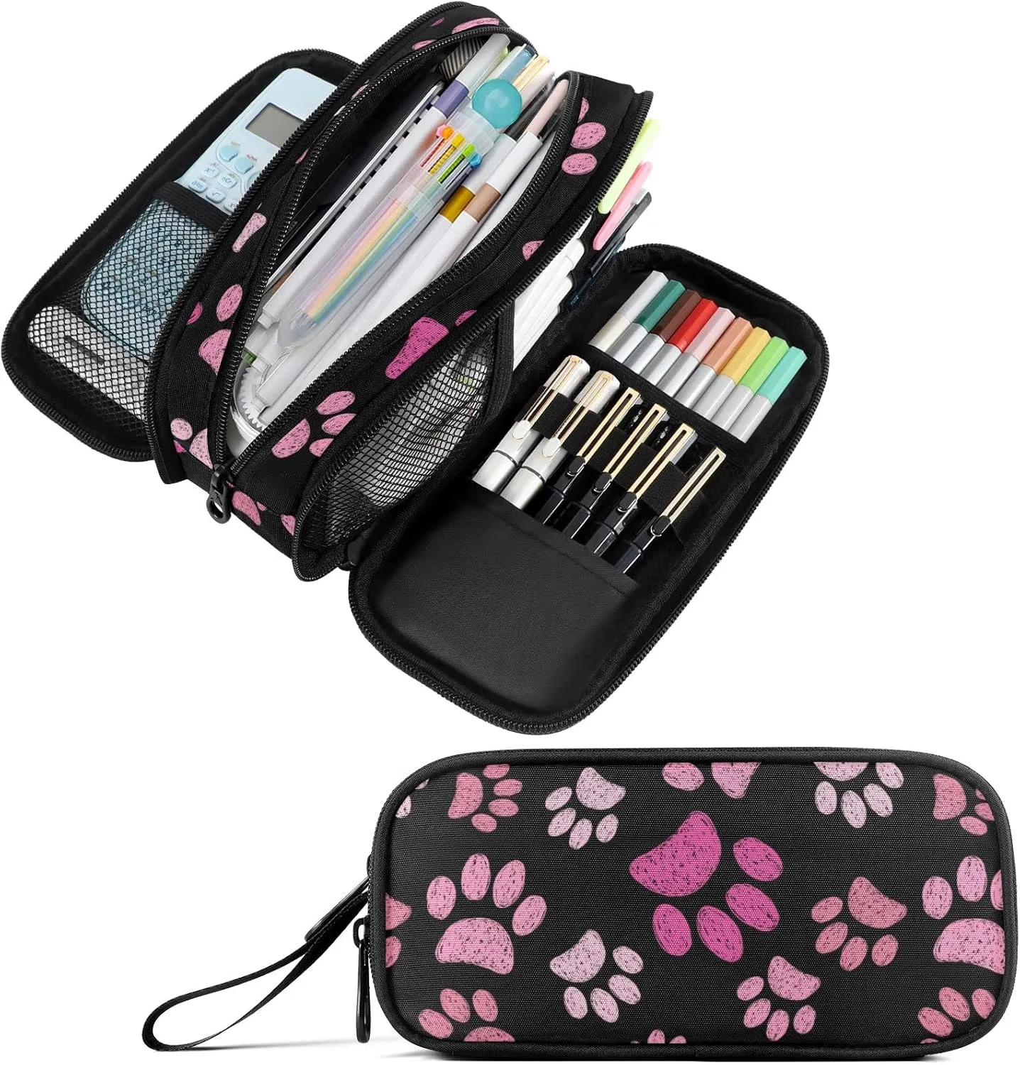 Fustylead Pink Cats Paws Large Pencil Case, Minimalist Portable Stationery Bag Cosmetics Bag with Handle for Middle High College School Office Travel
