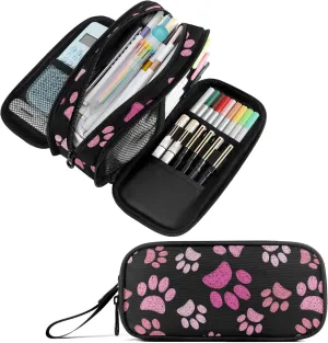 Fustylead Pink Cats Paws Large Pencil Case, Minimalist Portable Stationery Bag Cosmetics Bag with Handle for Middle High College School Office Travel