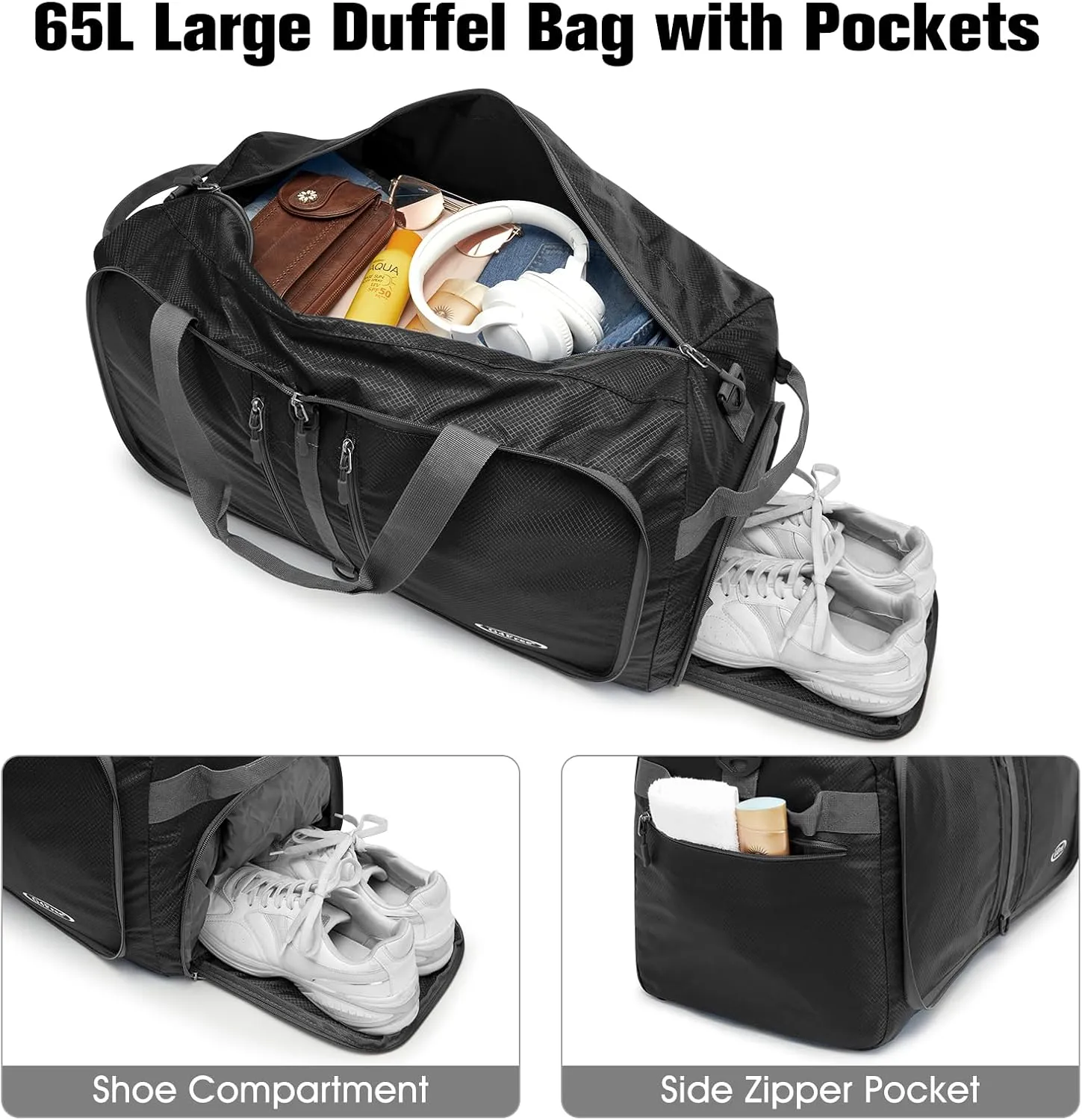 G4Free 40L/65L Foldable Duffel Bag, Water-Repellent Travel Backpack, Lightweight Carry Bag for Overnight Weekender Sports Men Women