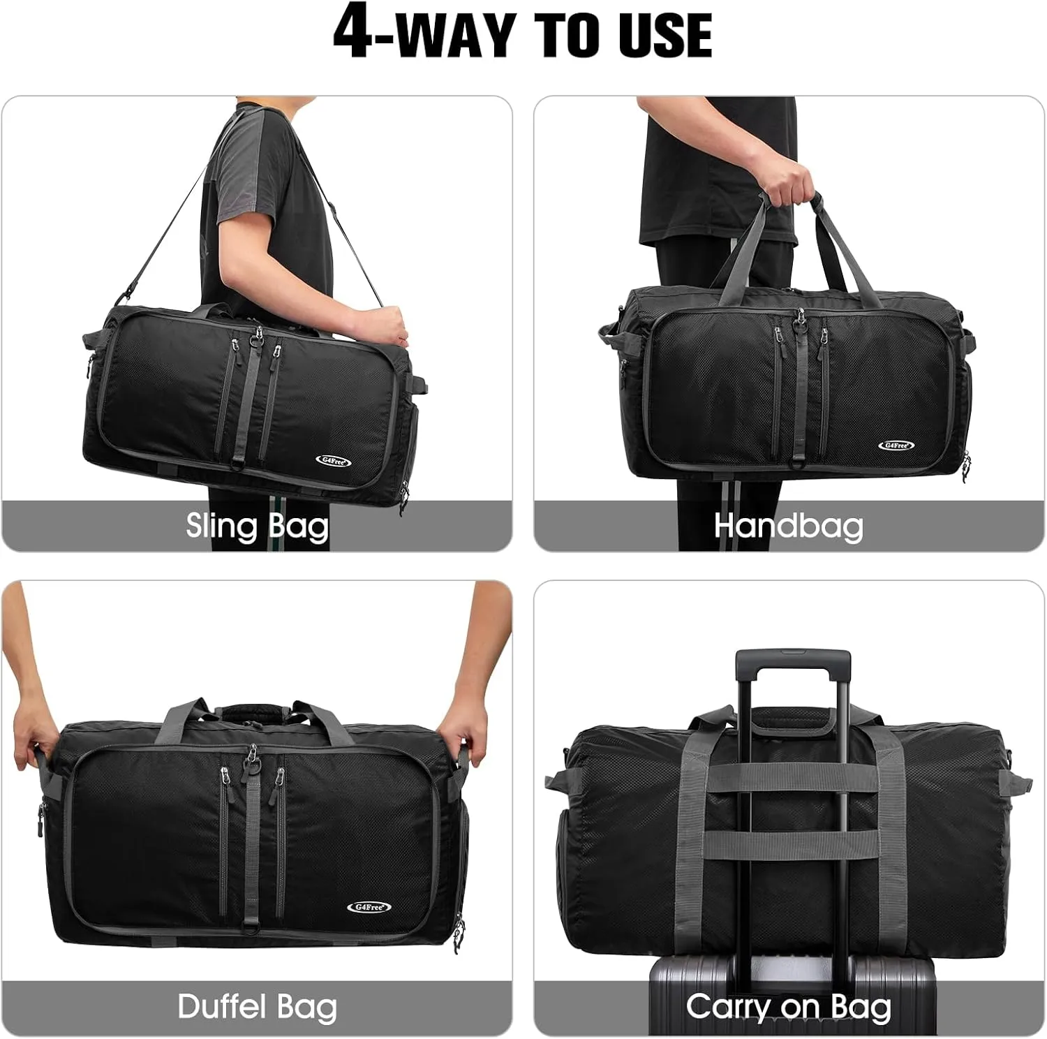 G4Free 40L/65L Foldable Duffel Bag, Water-Repellent Travel Backpack, Lightweight Carry Bag for Overnight Weekender Sports Men Women