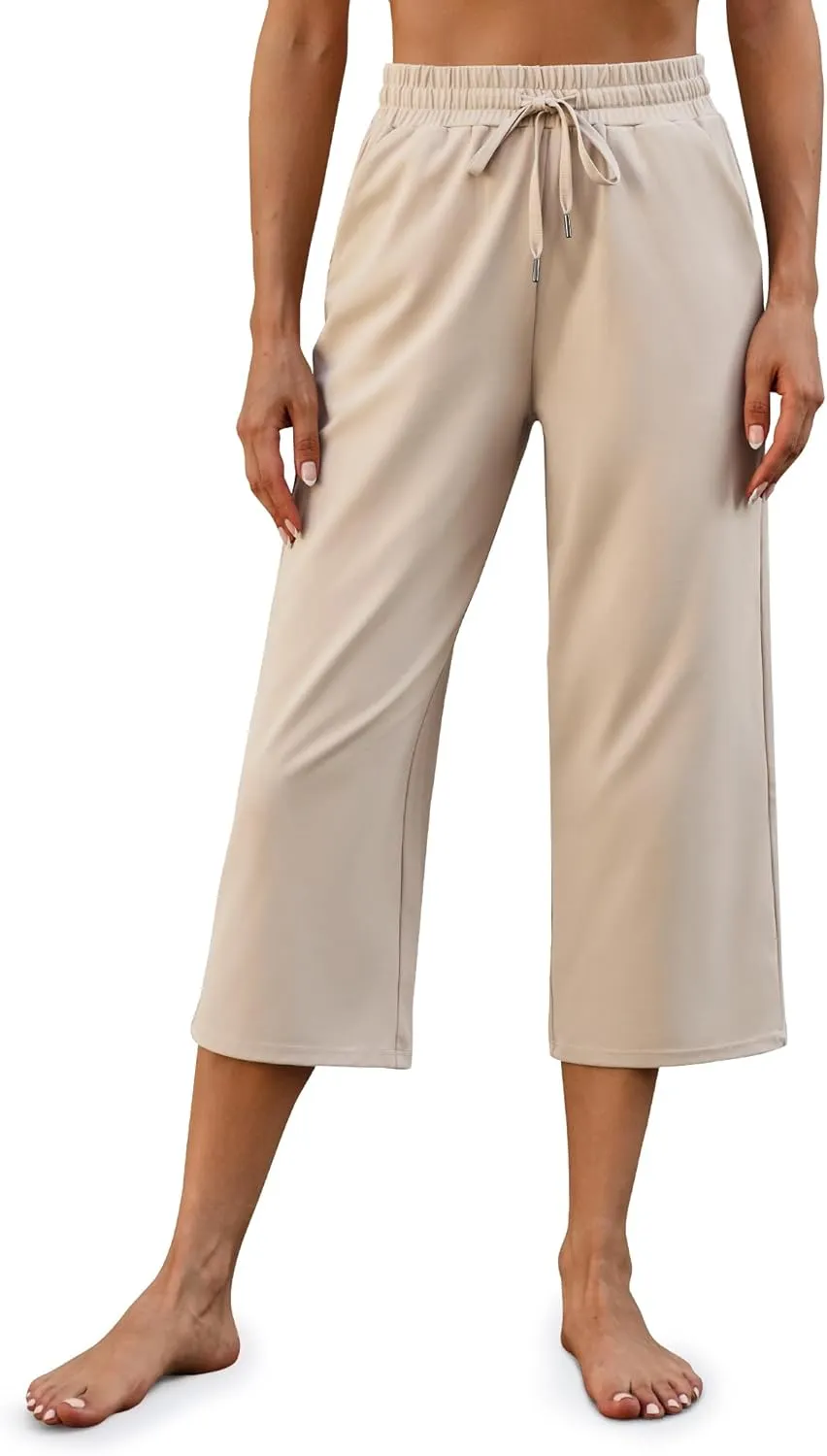G4Free Wide Leg Pants for Women Yoga Capris with Pockets Drawstring Casual Cropped Pants for Summer