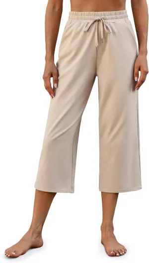 G4Free Wide Leg Pants for Women Yoga Capris with Pockets Drawstring Casual Cropped Pants for Summer