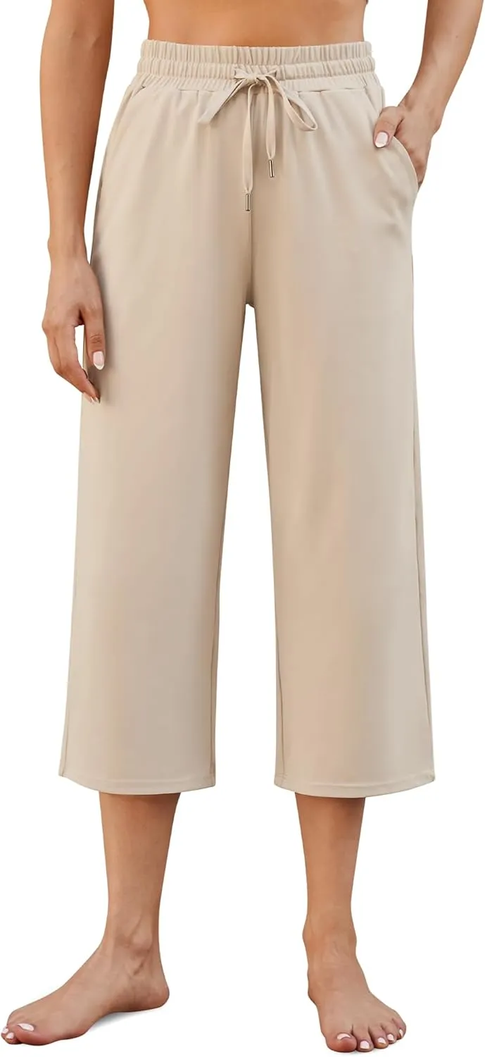 G4Free Wide Leg Pants for Women Yoga Capris with Pockets Drawstring Casual Cropped Pants for Summer