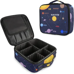 Galaxy Space Seamless Colorful Planets Stars Comets on Black Women's Portable Makeup Bags with Handle, Adjustable Dividers, Travel Cosmetic Toiletry Accessories Storage Organizer for Girls