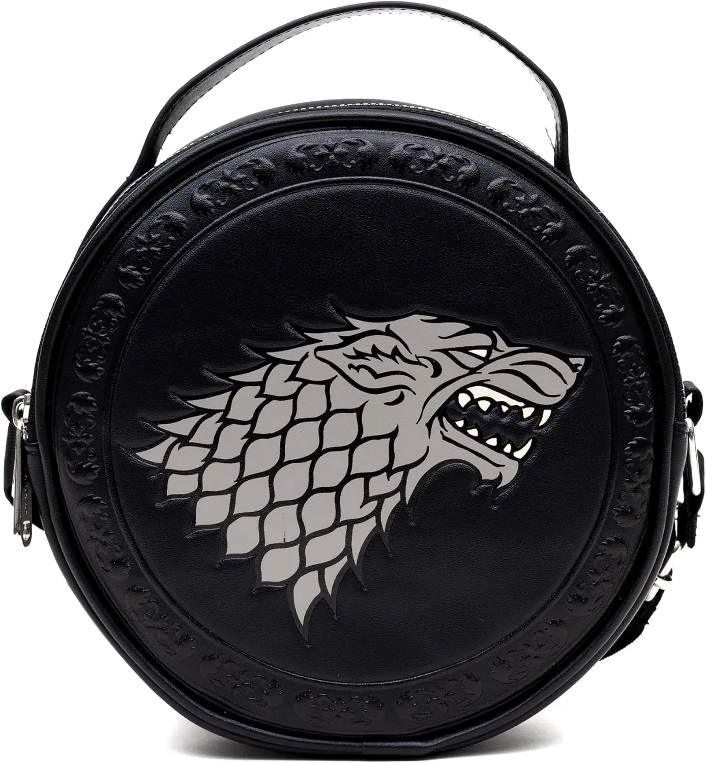 Game of Thrones Vegan Leather Round Crossbody Bag with Adjustable Straps, House of Stark Sigil Debossed and Filigree, Black