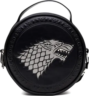 Game of Thrones Vegan Leather Round Crossbody Bag with Adjustable Straps, House of Stark Sigil Debossed and Filigree, Black