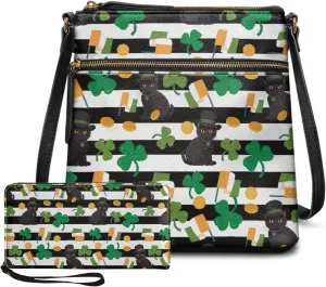 GIFTPUZZ Satchel Shoulder Bag for Women Zip Around Crossbody Purse Set for Ladies 2PCS St. Patrick's Day Gifts