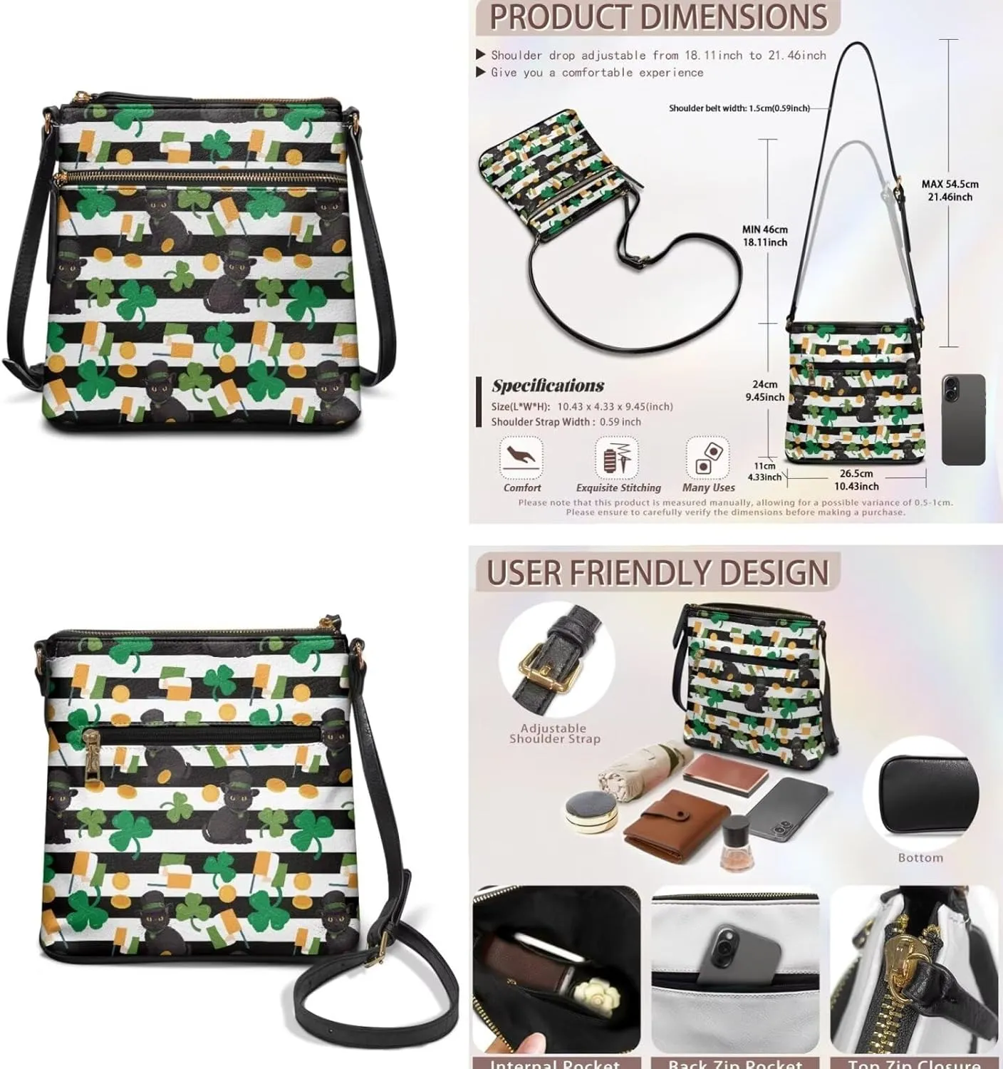 GIFTPUZZ Satchel Shoulder Bag for Women Zip Around Crossbody Purse Set for Ladies 2PCS St. Patrick's Day Gifts