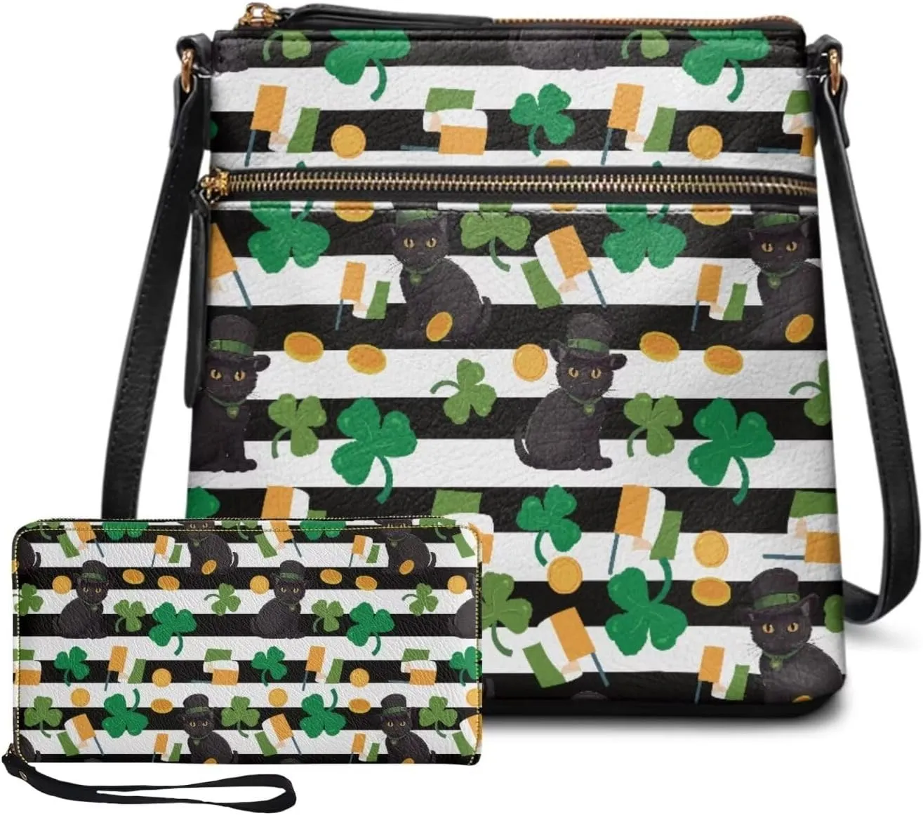 GIFTPUZZ Satchel Shoulder Bag for Women Zip Around Crossbody Purse Set for Ladies 2PCS St. Patrick's Day Gifts
