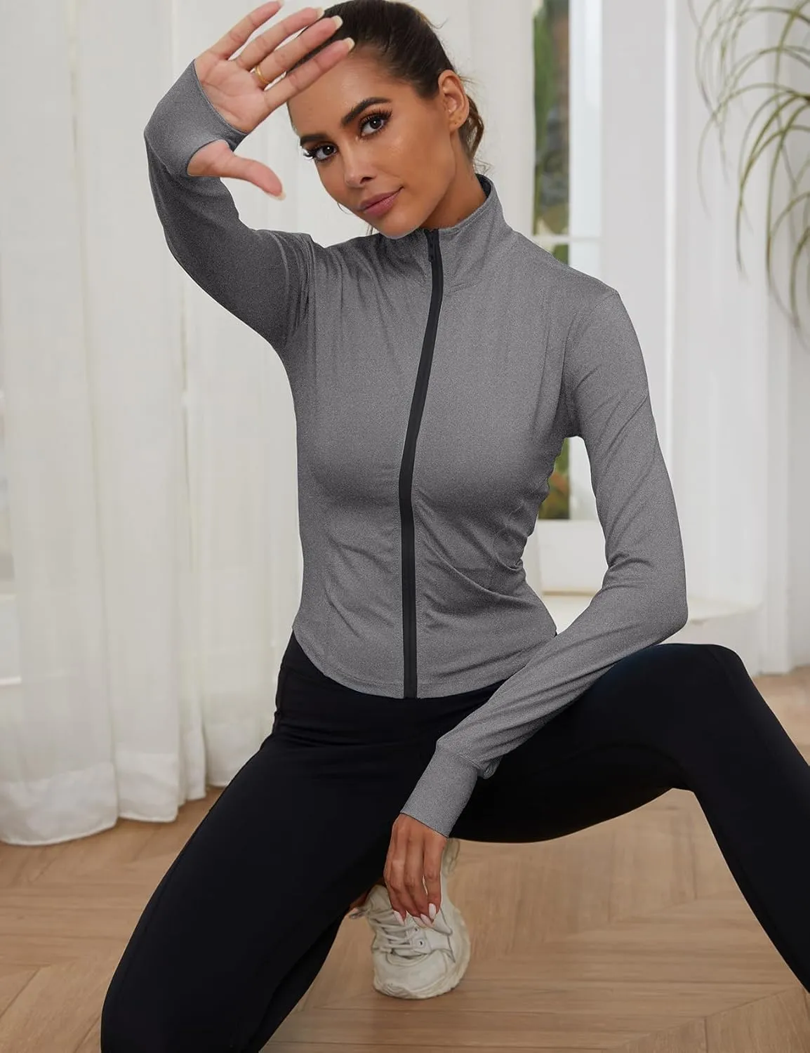 Gihuo Women's Athletic Full Zip Lightweight Workout Jacket with Thumb Holes