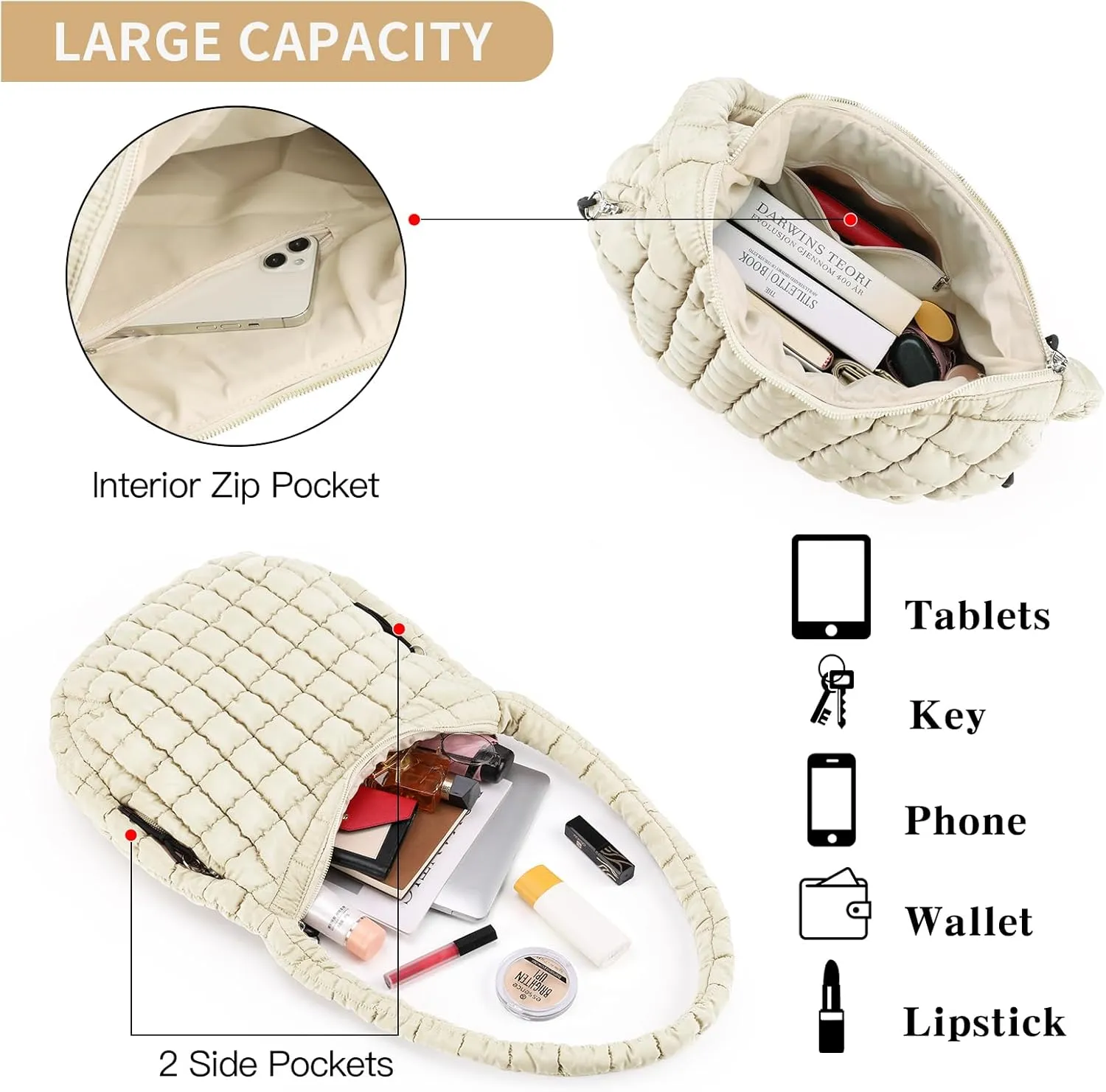 GOIACII Women Crossbody Shoulder Bag with Zipper, Nylon Quilted Puffer Hobo Bag for Women