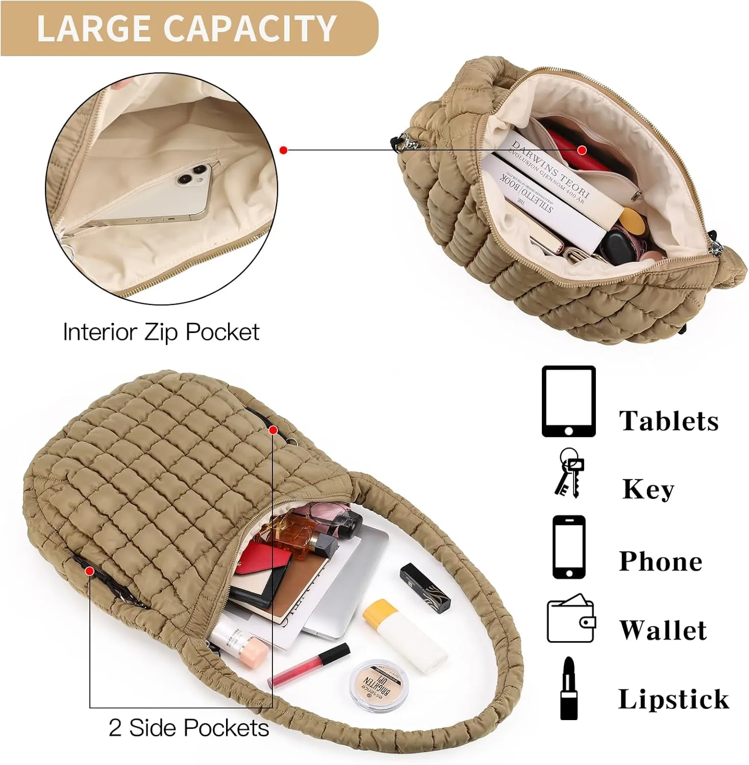 GOIACII Women Crossbody Shoulder Bag with Zipper, Nylon Quilted Puffer Hobo Bag for Women