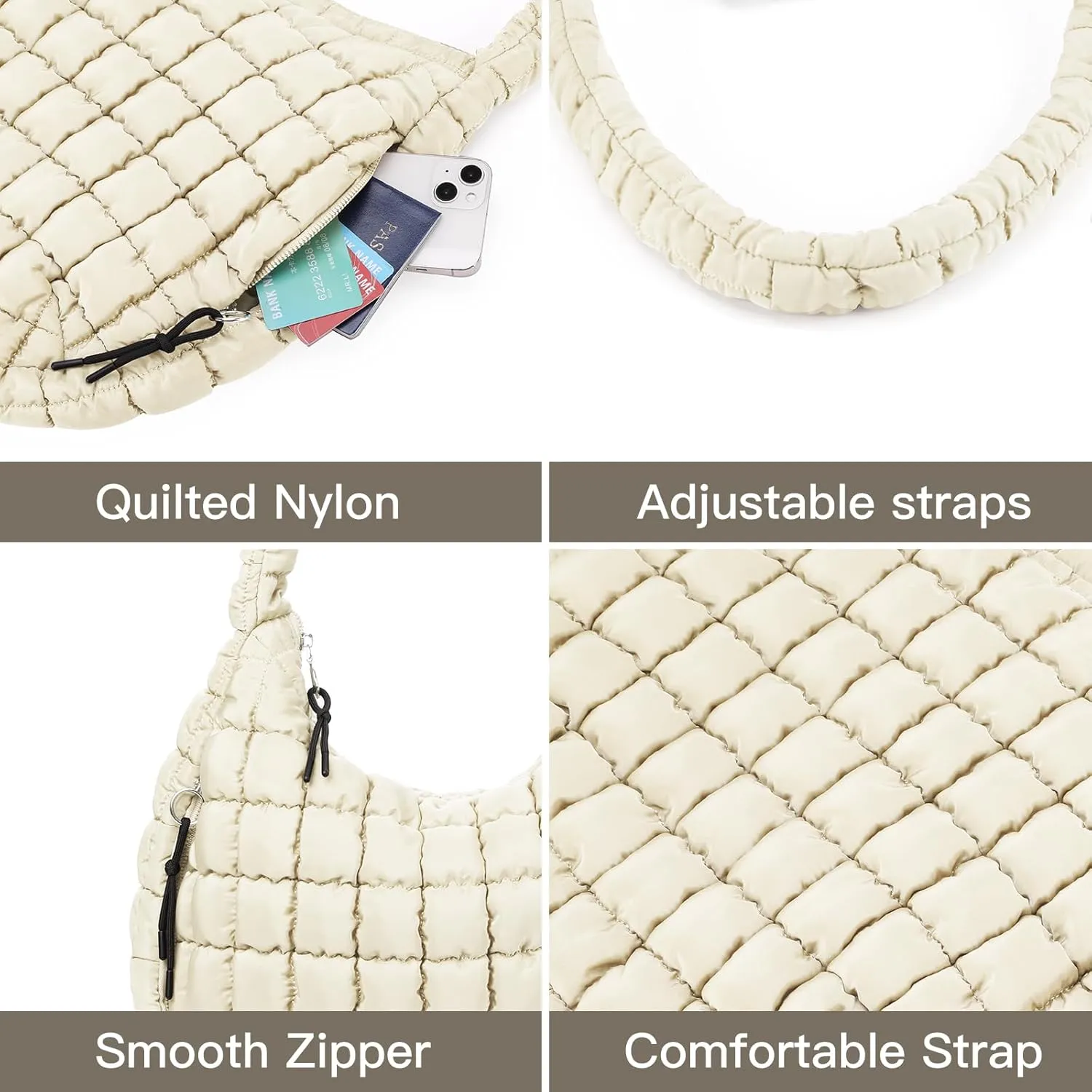 GOIACII Women Crossbody Shoulder Bag with Zipper, Nylon Quilted Puffer Hobo Bag for Women