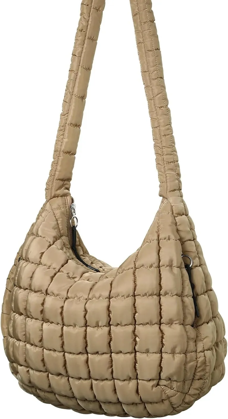 GOIACII Women Crossbody Shoulder Bag with Zipper, Nylon Quilted Puffer Hobo Bag for Women