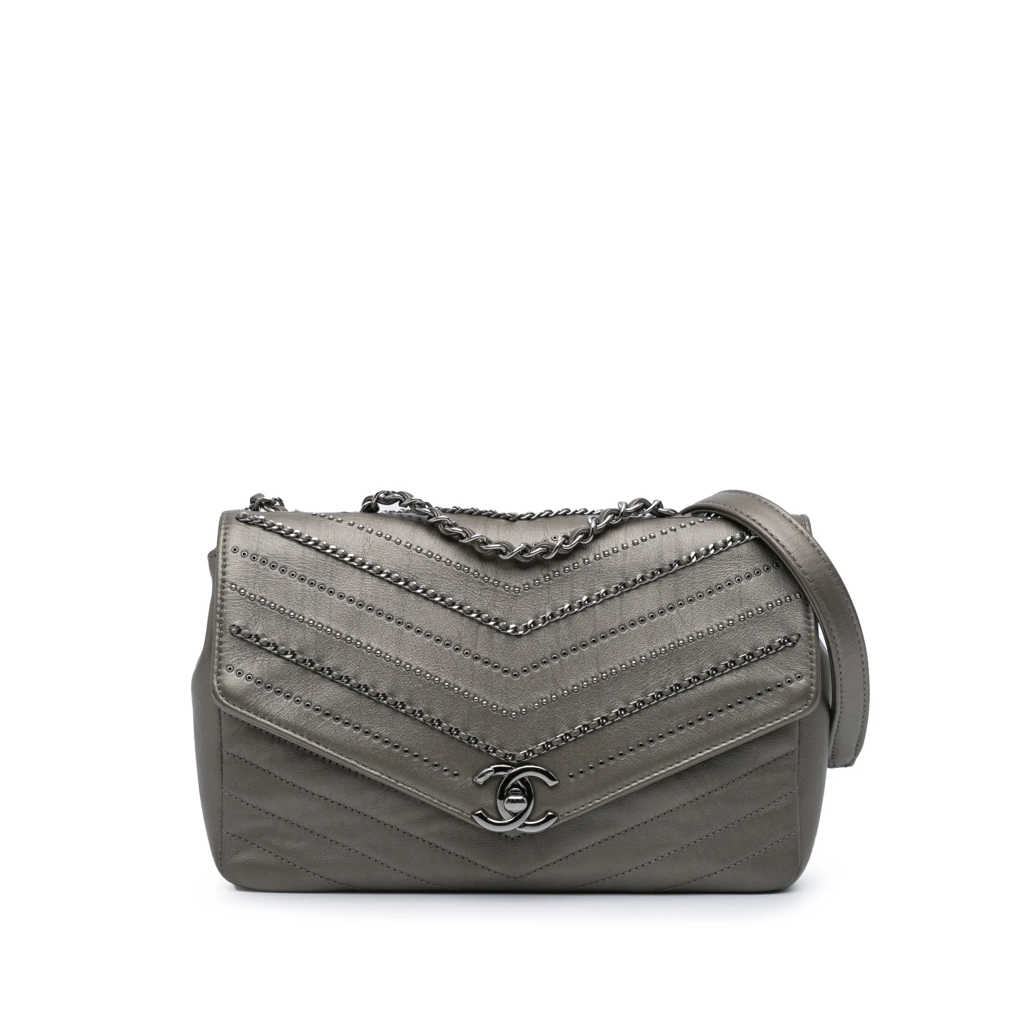 Gray Chanel Mini Embellished Calfskin Chevron Square Envelop Flap Crossbody Bag