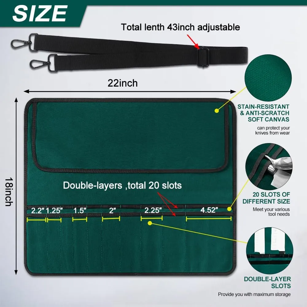 Green Chef Knife Bag With 20 Slots Cutlery Knives Holders Protectors, Home Kitchen Travel Cooking Tools, Portable Canvas Knife Roll Storage Bag Chef Case for Camping or Working